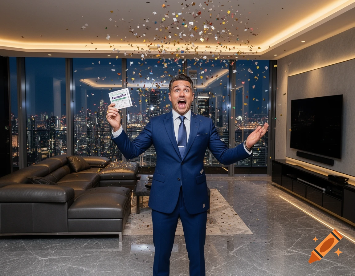 A man in a suit celebrates winning the Euromillion lottery in a luxurious high-rise apartment with confetti falling.