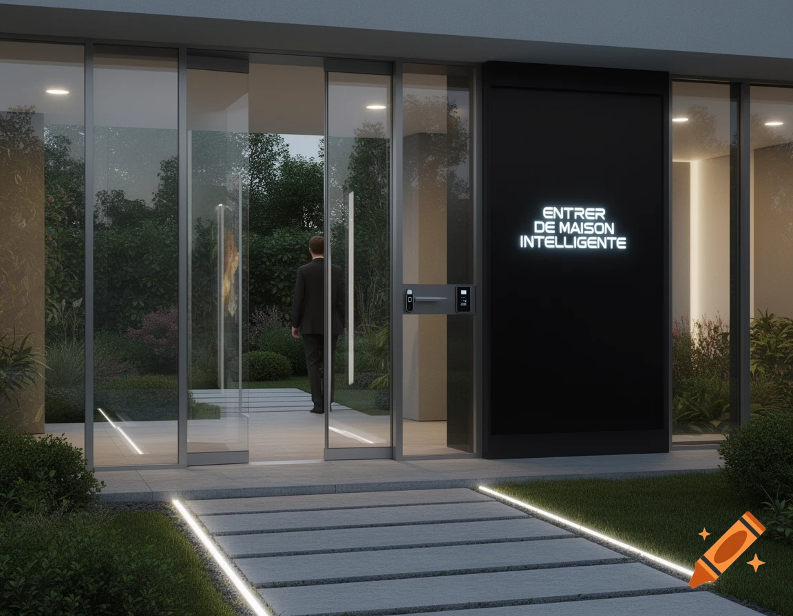 Photorealistic image of a modern building entrance with glass doors, a man walking inside, and a sign reading 'ENTRER DE MAISON INTELLIGENTE'.