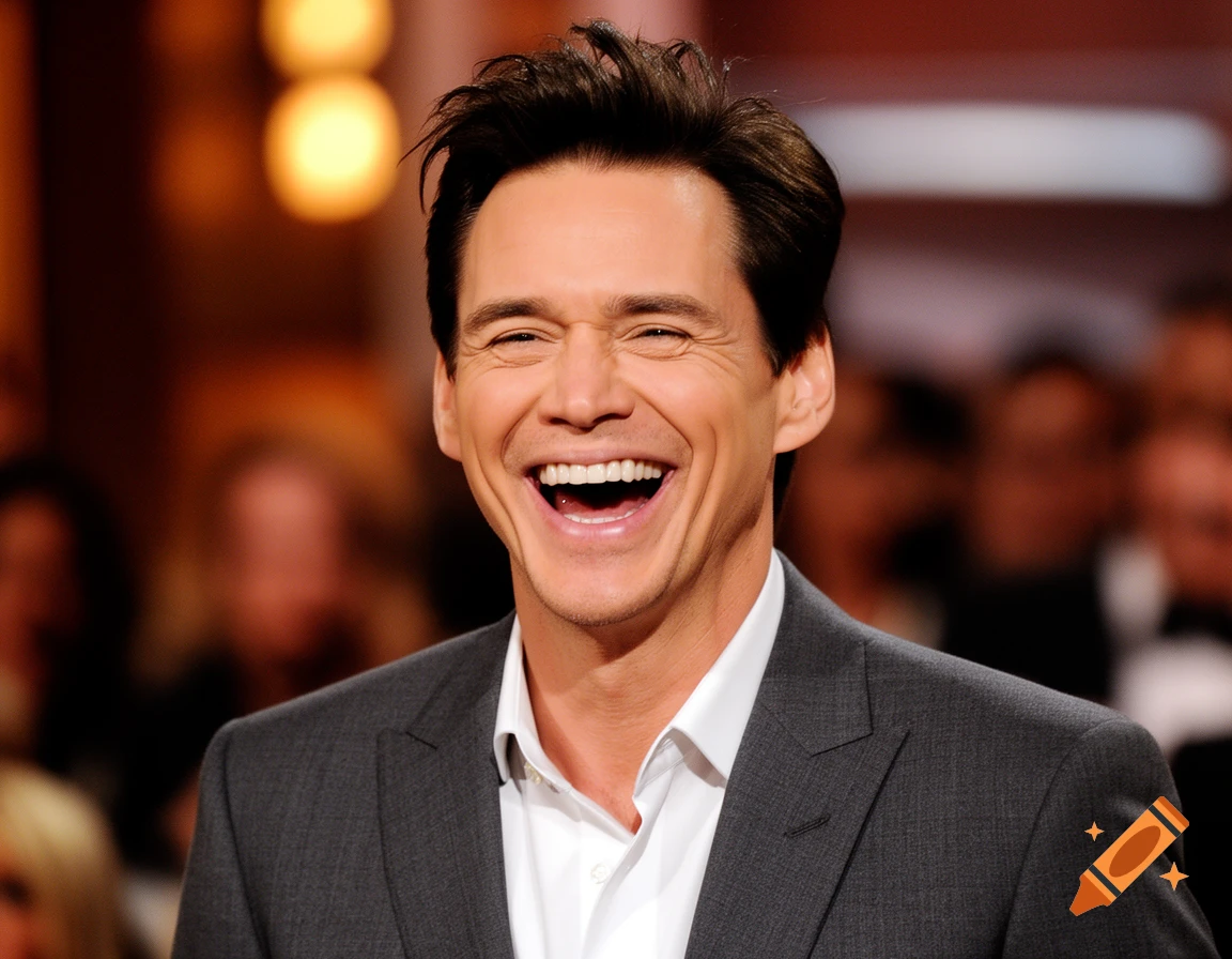 Close-up of a man with dark hair, wearing a suit and white shirt, laughing heartily with his mouth open.