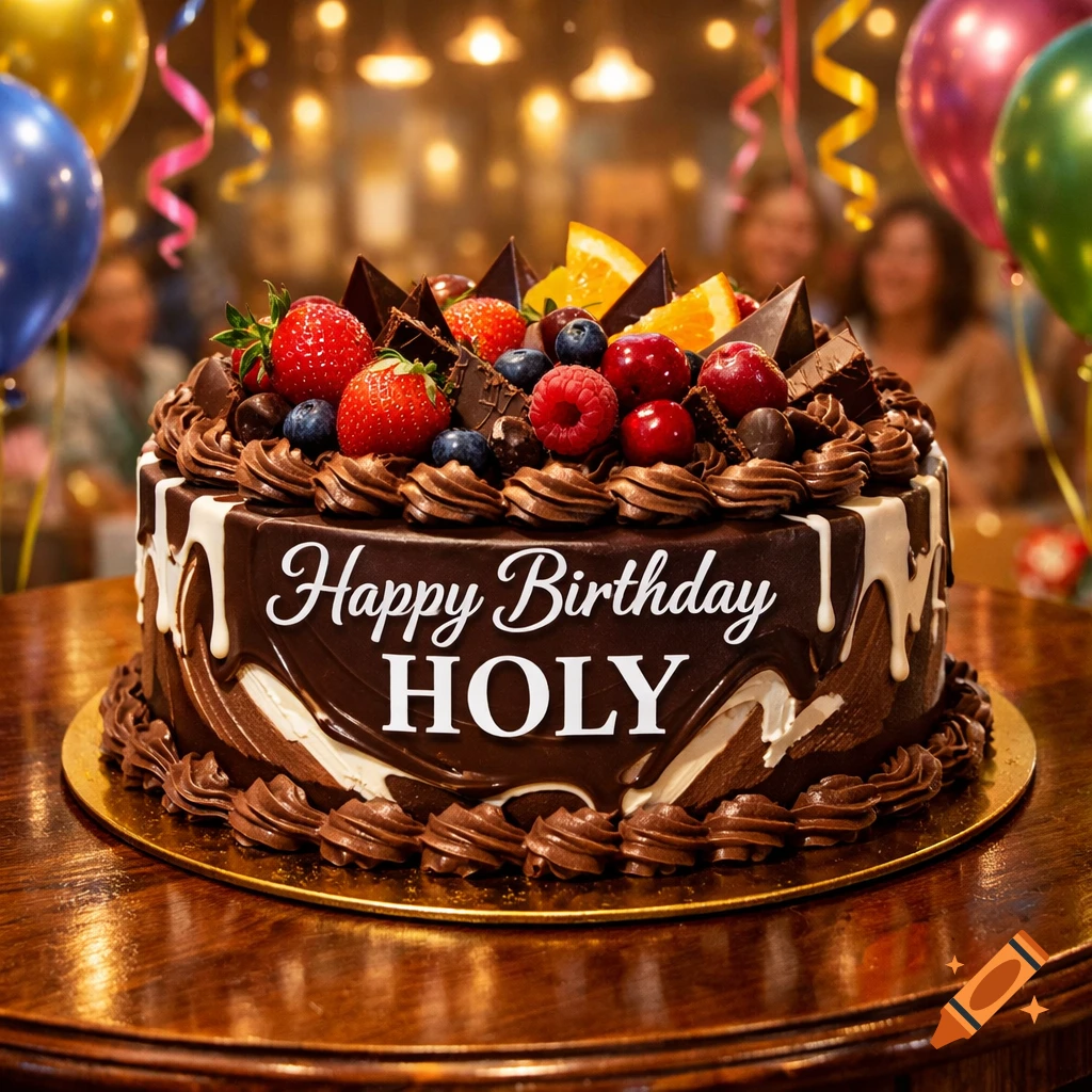 Photorealistic chocolate birthday cake topped with berries and orange slices, decorated with 'Happy Birthday HOLY' icing, at a celebration.