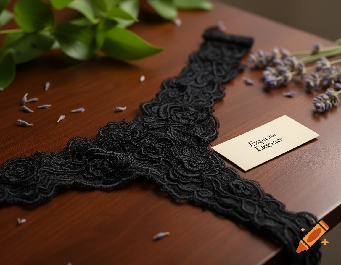 Black lace thong on a wooden table with lavender flowers, green leaves, and a card reading "Exquisite Elegance".