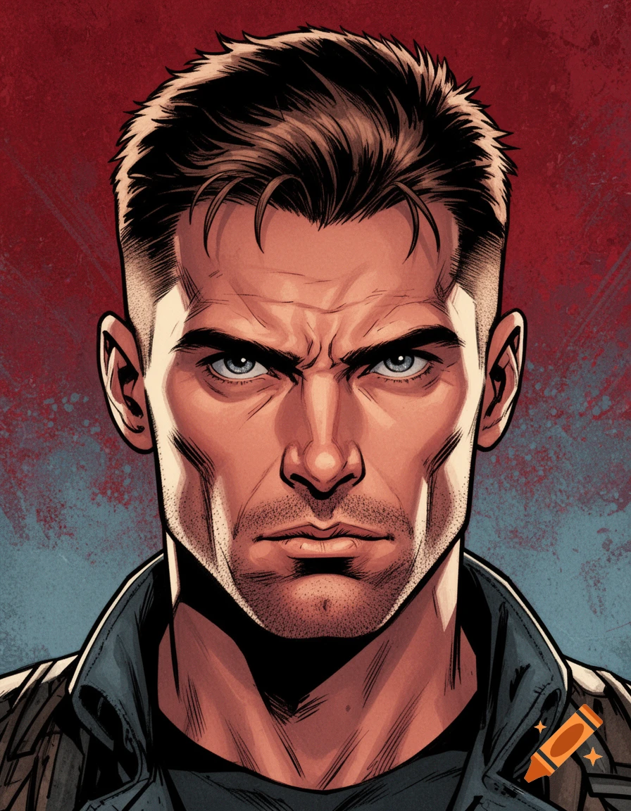 An intense, close-up illustrated portrait of a frowning man with short dark hair in Marvel comic book style, looking forward.