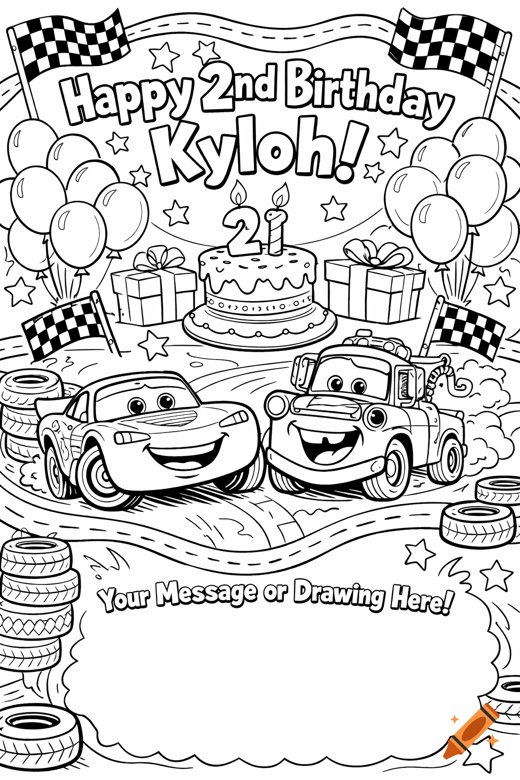 Black and white coloring page with Lightning McQueen, Mater, balloons, cake, and 'Happy 2nd Birthday Kyloh!' text.