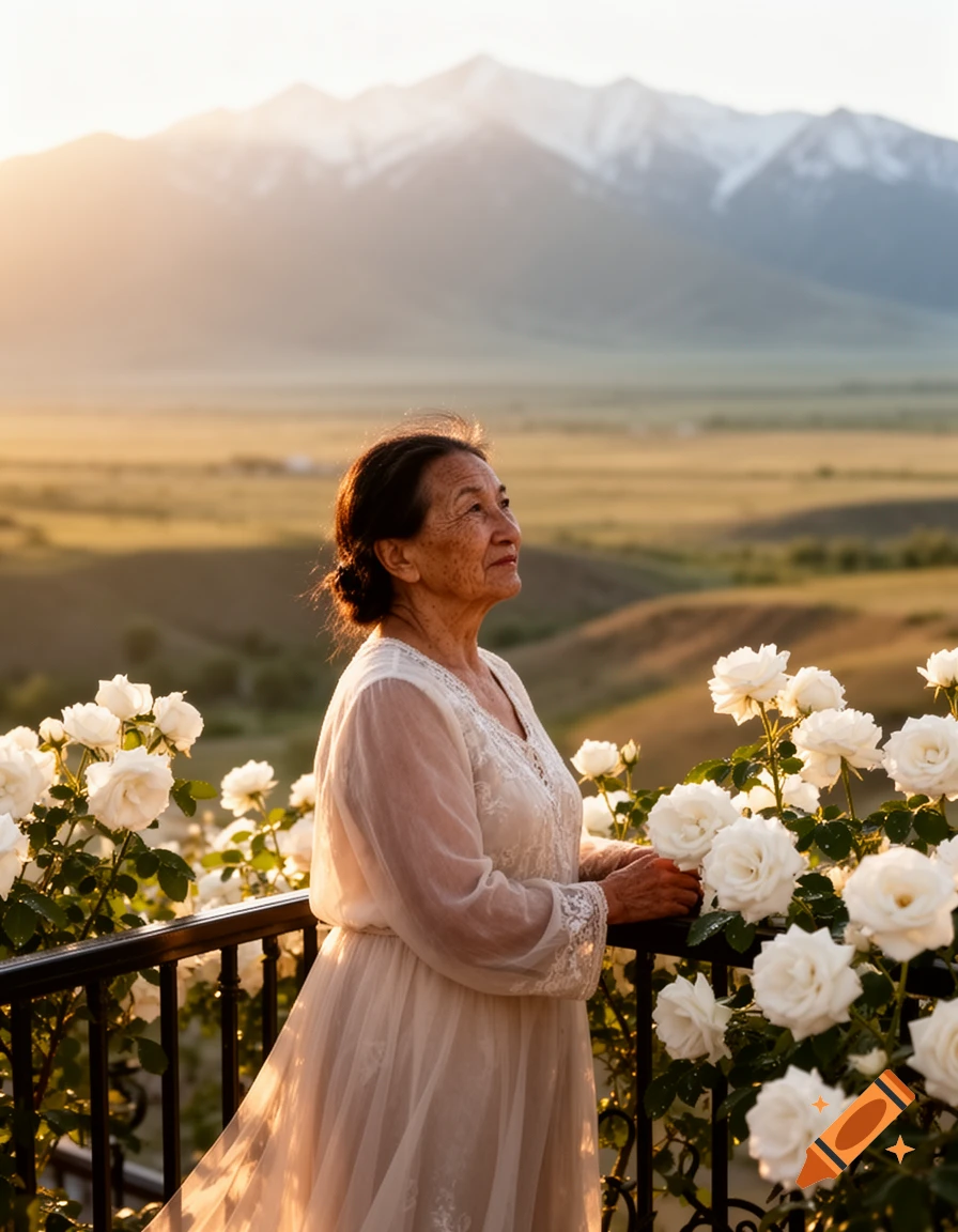 Elderly woman in a white dress stands on a balcony with white roses, gazing at a sunlit mountain range and valley.