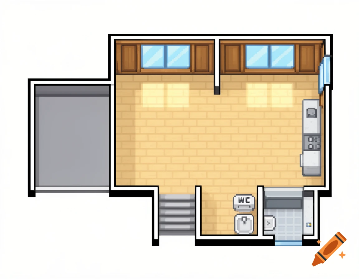 Top-down pixel art floor plan in Pokemon style, showing a garage, kitchen-dining area, hallway with stairs, and a small bathroom.