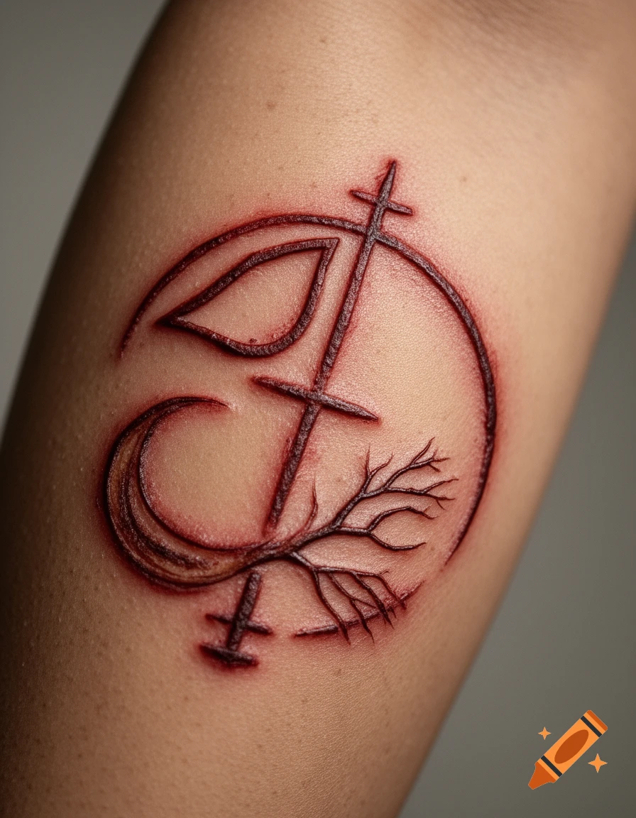 Close-up of a stylized, dark red sigil resembling a burn scar on a person's light brown skin.