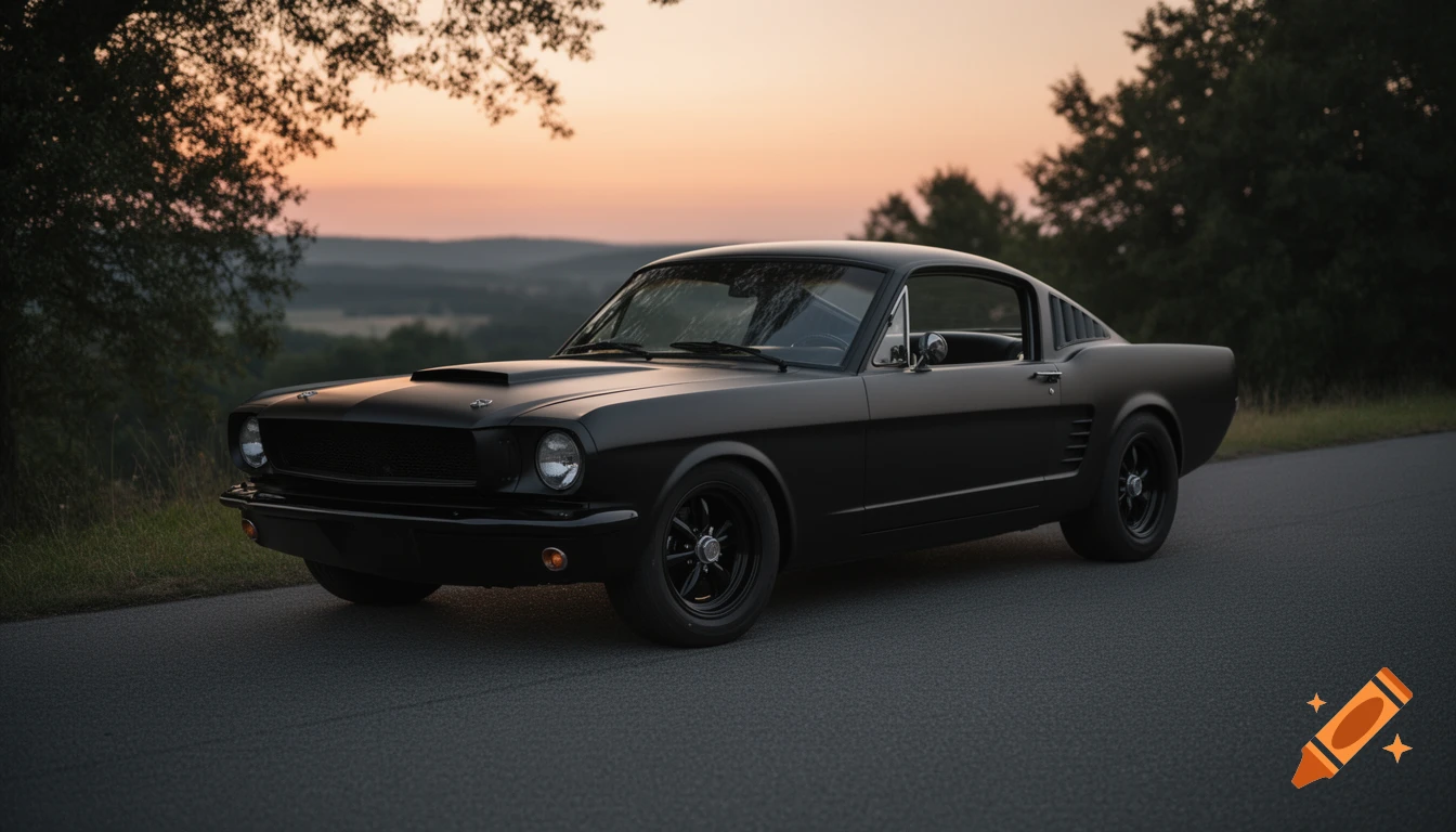 A matte black 1965 Ford Mustang Fastback parked on a country road at twilight with trees and hills in the background.