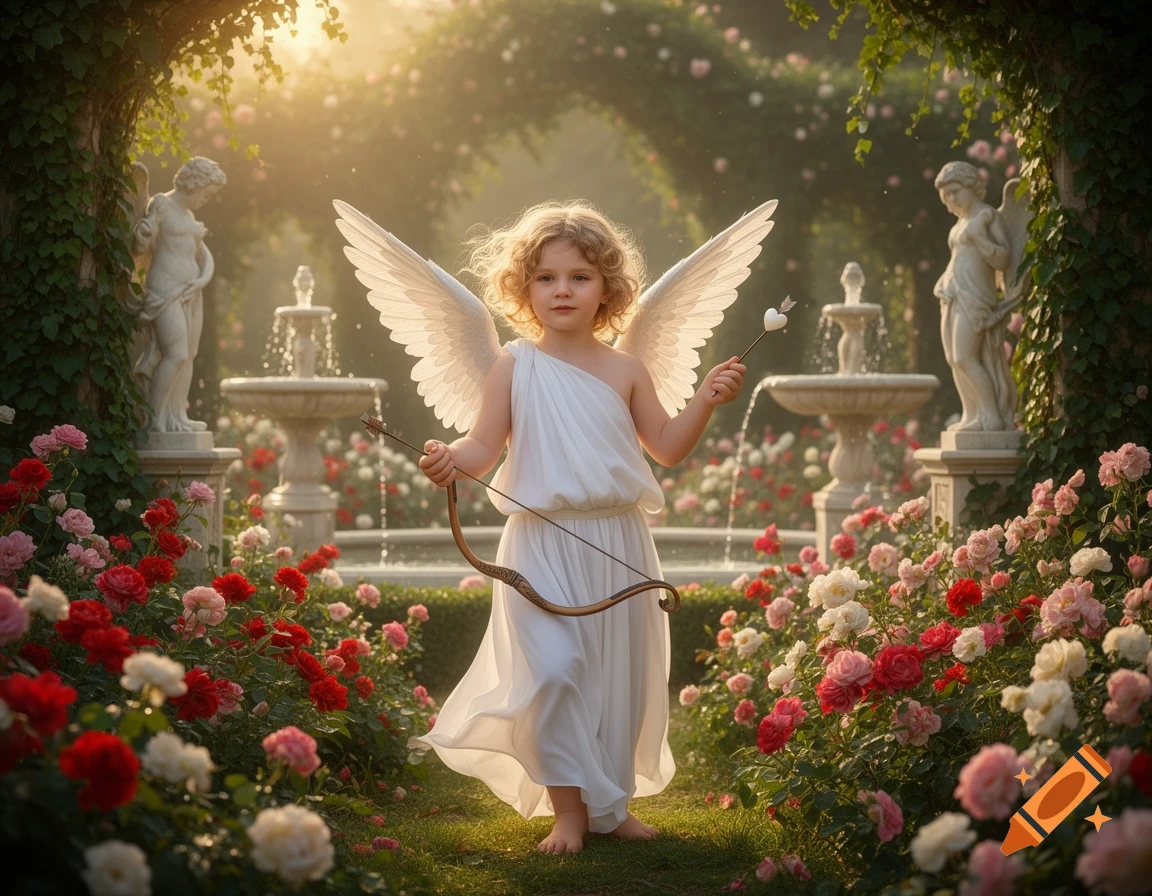 A child with blonde curly hair, dressed as Cupid with white wings, holds a bow and arrow in a lush rose garden with fountains and statues at sunset.