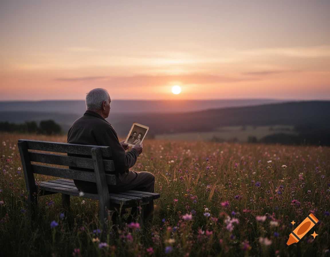 Elderly man on a bench in a wildflower field at sunset, looking at an old photo.