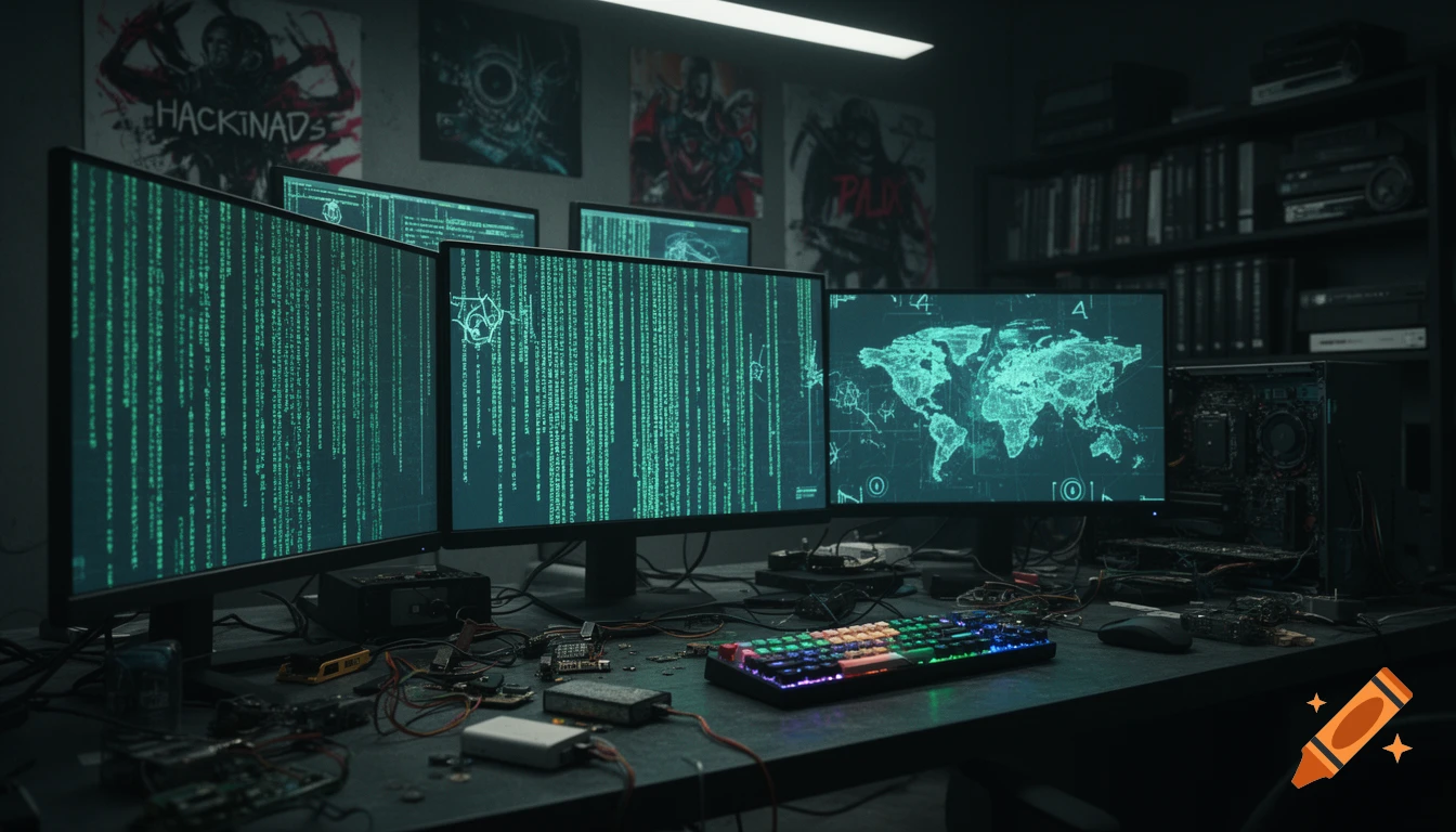 A dimly lit hacker's room with multiple computer monitors displaying green code and a world map, a colorful mechanical keyboard, and scattered electronic components on a desk.