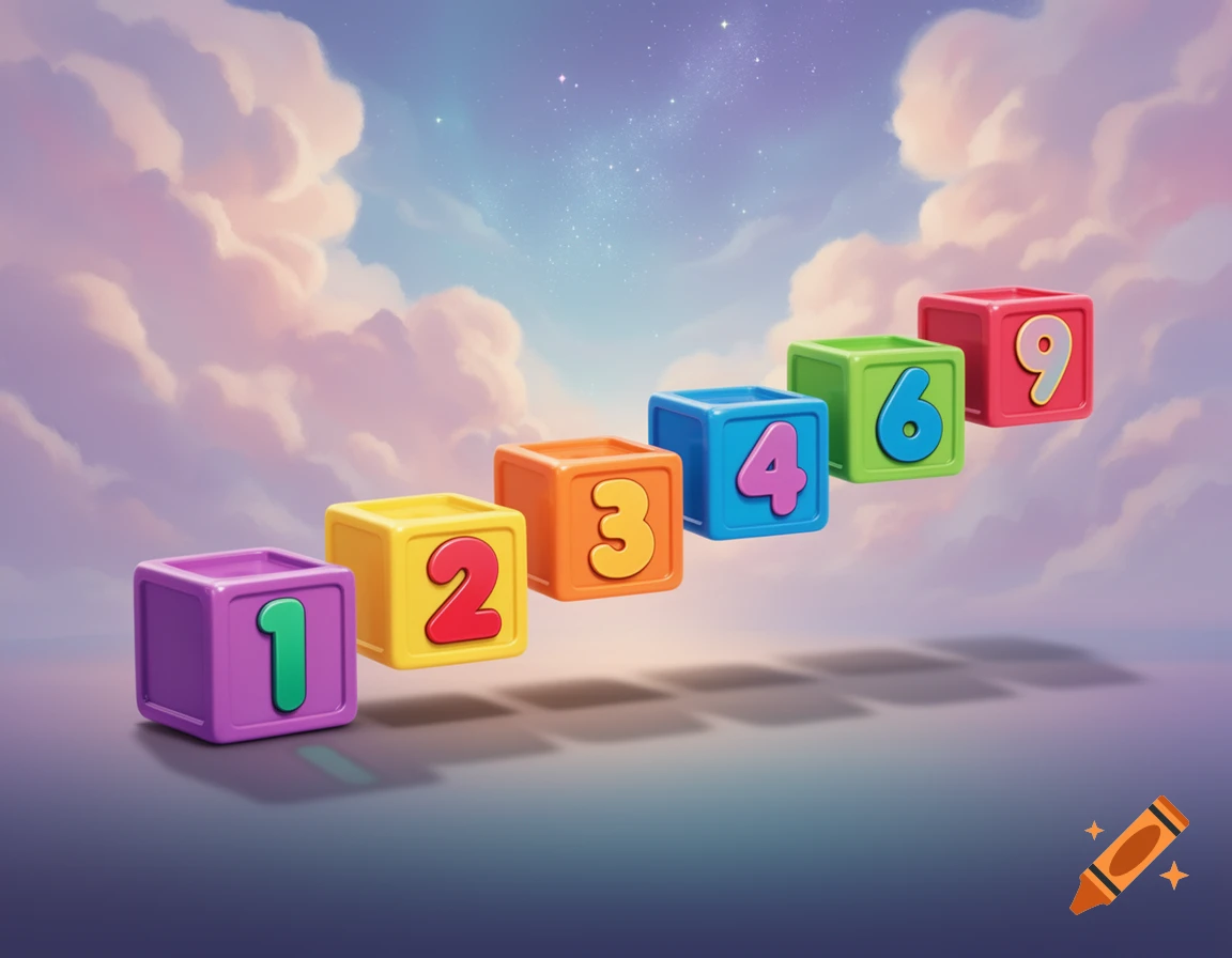Colorful number blocks (1, 2, 3, 4, 6, 9) float diagonally against a pastel sky with clouds and stars in a whimsical style.