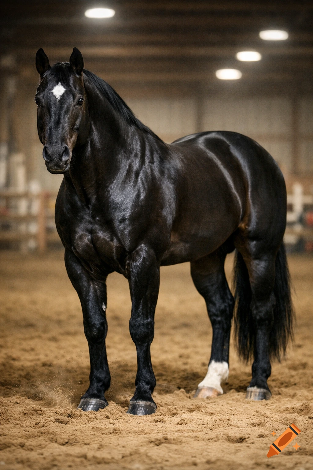 A muscular black western show horse with a white star on its forehead stands in a sandy riding arena.