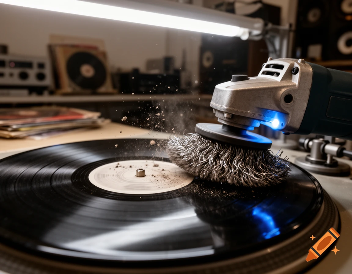Close-up of an angle grinder with a wire brush aggressively scraping dust and debris from a spinning vinyl record on a turntable, under bright artificial light.