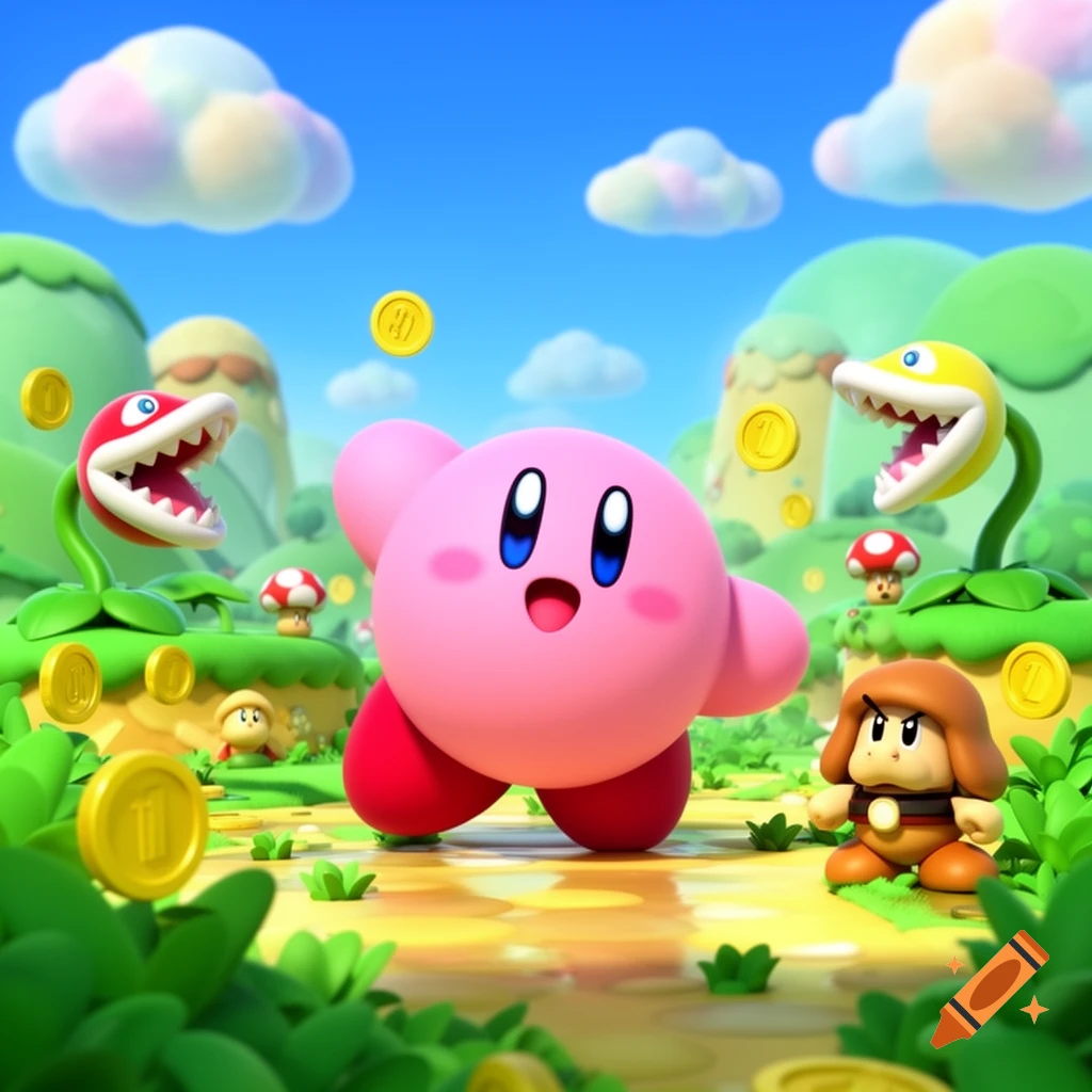 Kirby walks through a vibrant Super Mario world with Piranha Plants, a Goomba-like character, and gold coins.