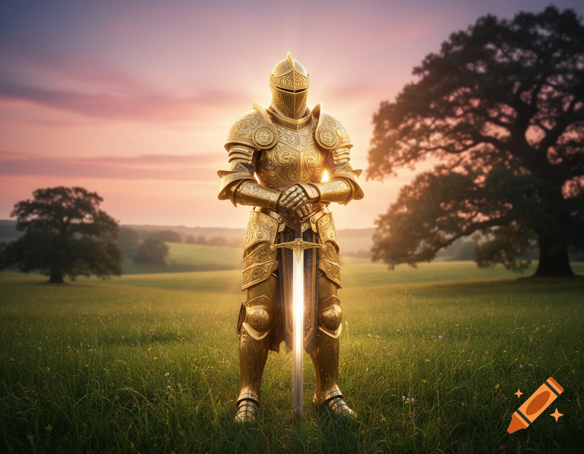 A golden armored knight stands in a grassy field holding a glowing sword, with trees in the background at sunset.