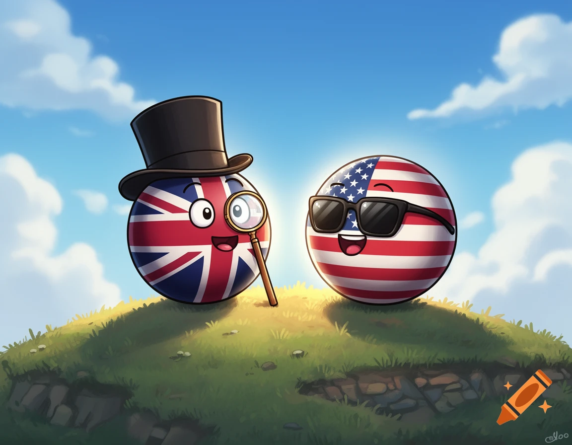 Cartoon countryballs of UK with a top hat and monocle, and USA with sunglasses, smiling on a grassy hill.