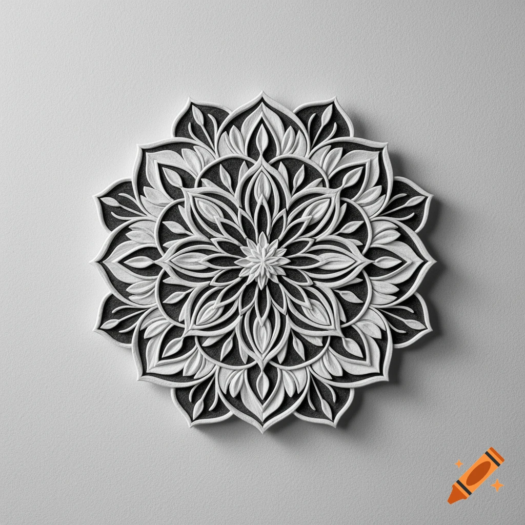 A monochrome layered mandala with intricate floral patterns, rendered in white and dark grey, casting shadows on a light background.