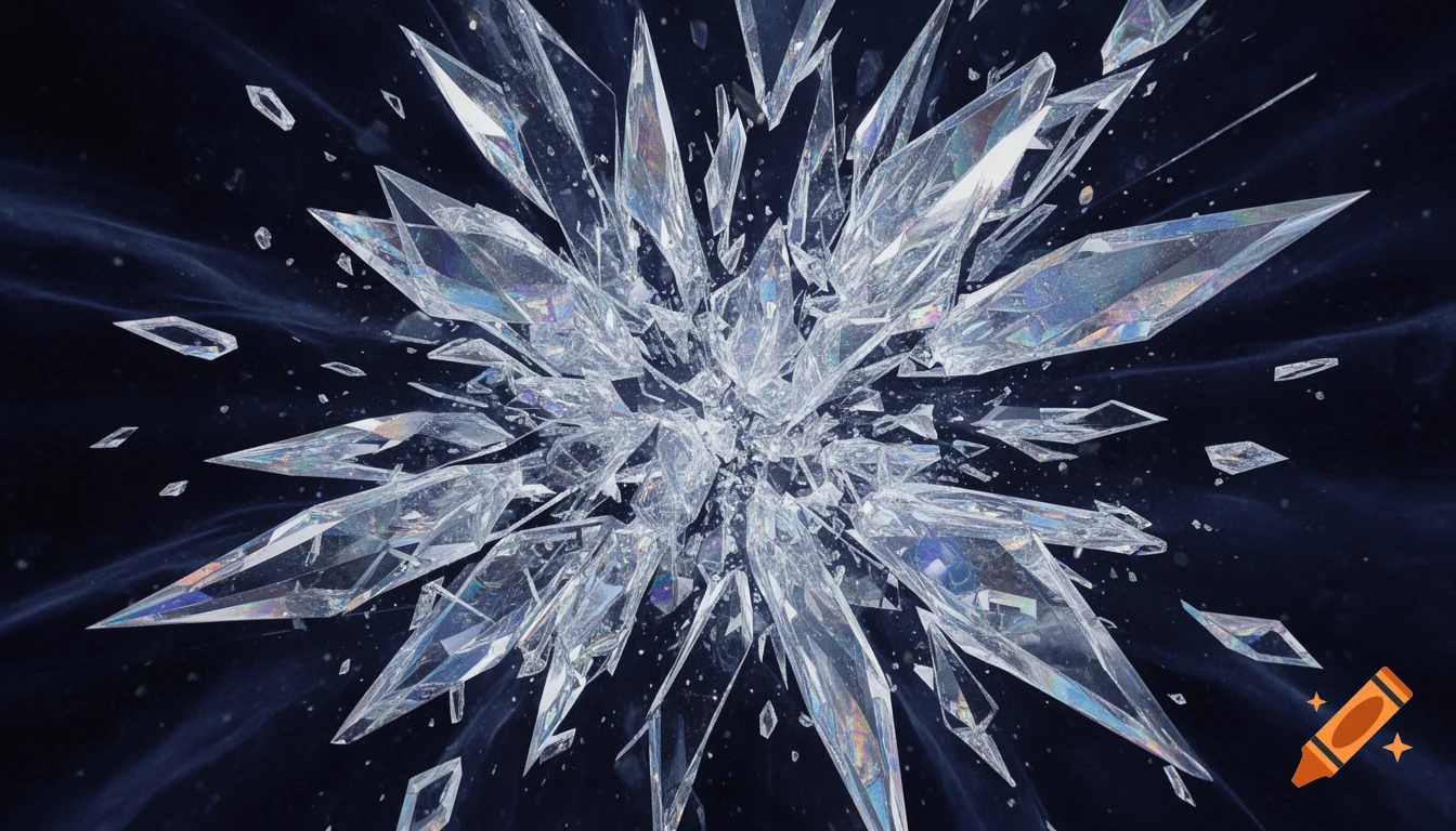 Dynamic abstract composition of exploding, sharp, geometric ice shards against a dark, smoky background.