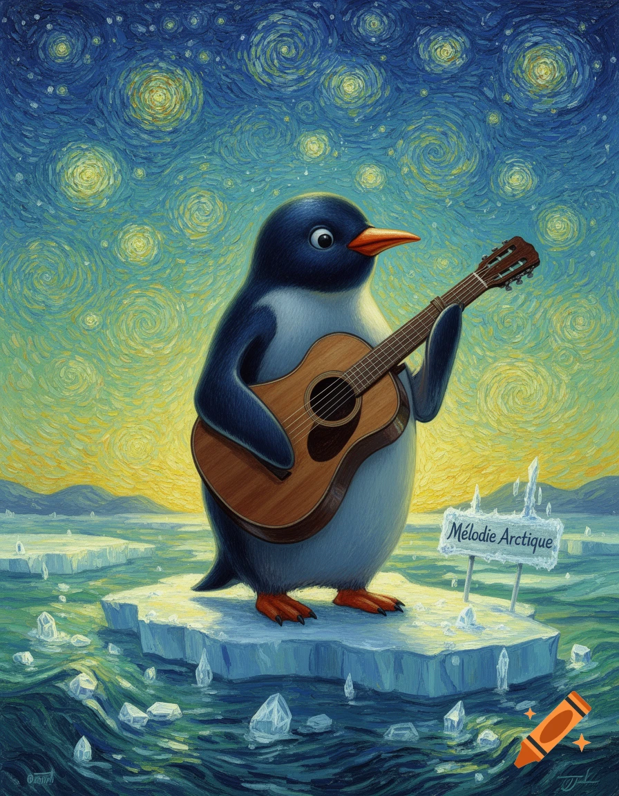 A cartoon penguin plays an acoustic guitar on an ice floe under a swirling starry night sky in Van Gogh's style.