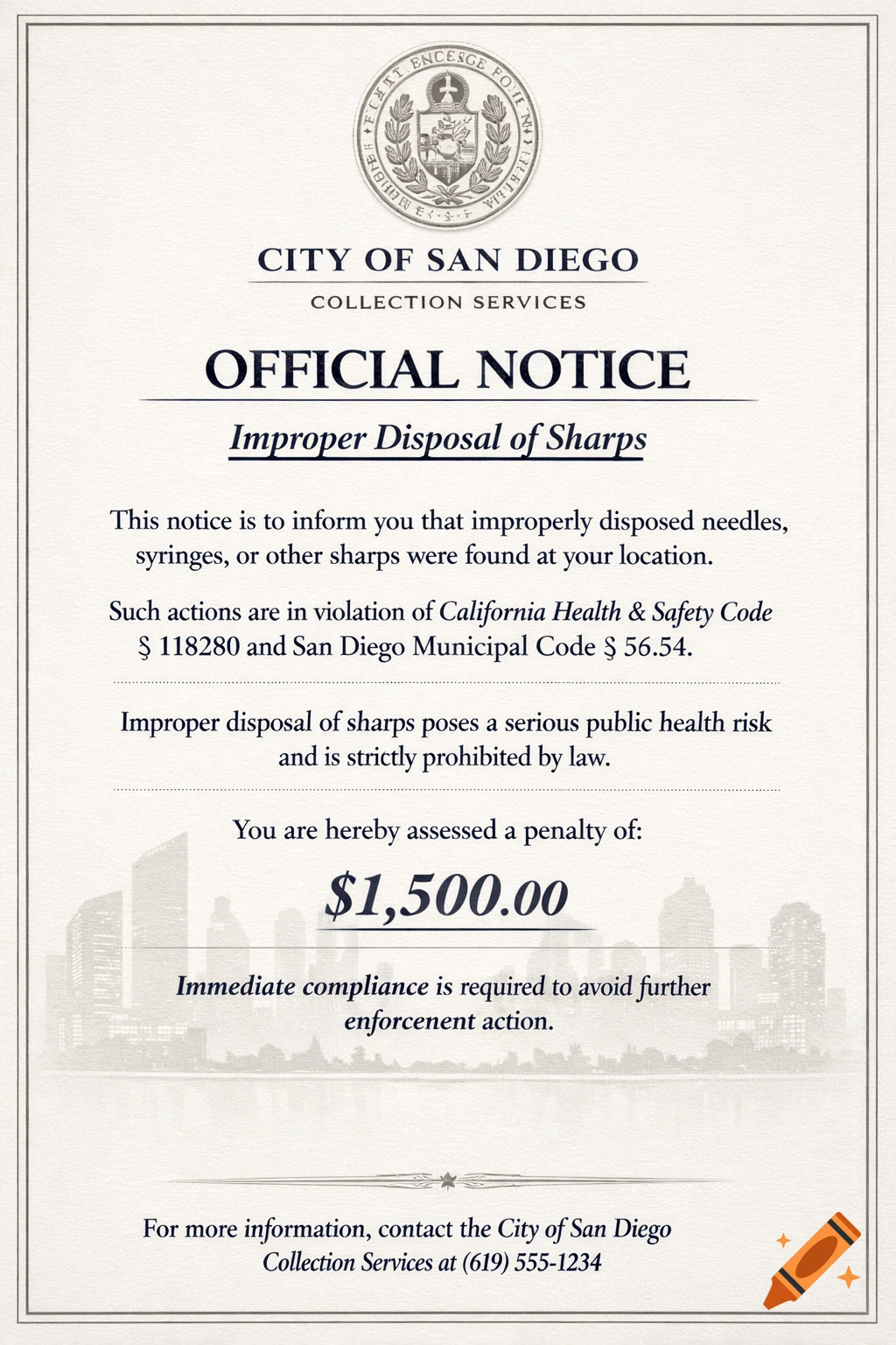 An official notice from the City of San Diego Collection Services for improper disposal of sharps, assessing a $1,500 penalty.