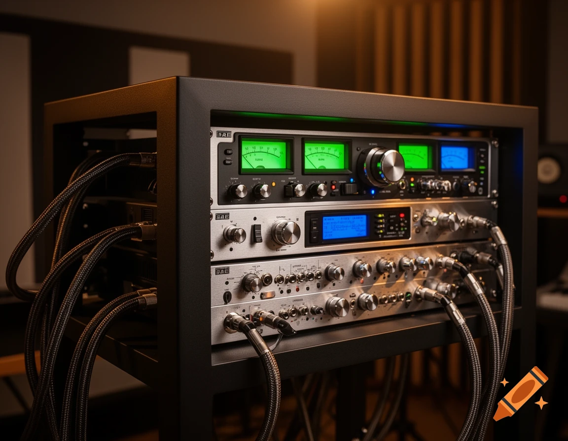 Close-up of a professional audio rack with various silver and black components, glowing green and blue screens, and numerous thick cables connected to the back, set in a recording studio environment.
