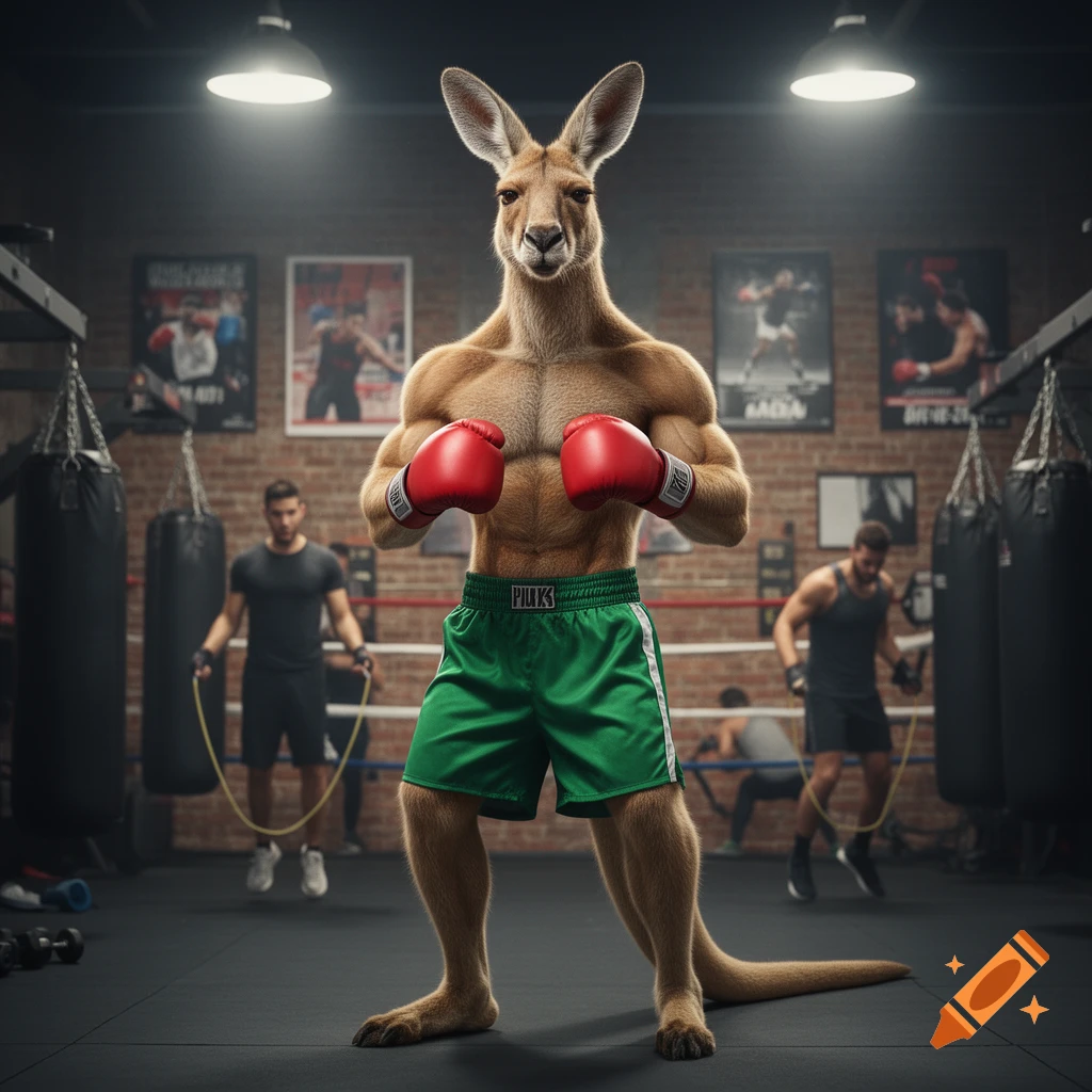 A muscular anthropomorphic kangaroo boxer in red gloves and green shorts stands in a gym with punching bags and people training.