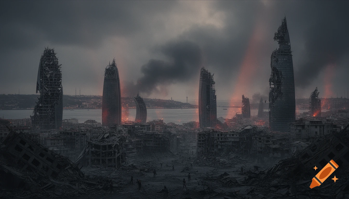 A dark, post-apocalyptic cityscape with multiple towering, ruined buildings emitting smoke and fire under a cloudy, ominous sky.