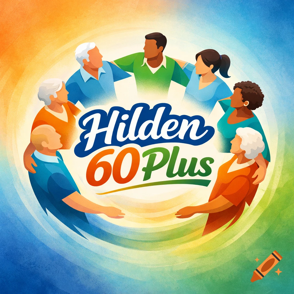 A vibrant illustration of a logo for 'Hilden 60 Plus' featuring eight diverse older adults embracing in a circle.