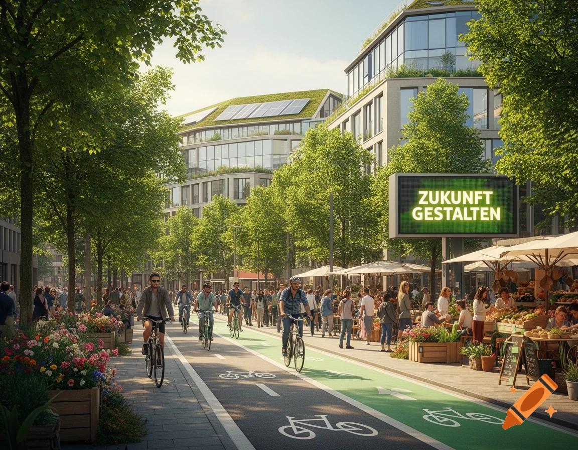 A vibrant, photorealistic urban scene with green-roofed buildings, a street market, people cycling, and a digital sign saying 'ZUKUNFT GESTALTEN'.