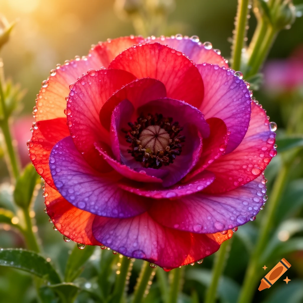 A vibrant red and purple ranunculus flower covered in dewdrops, backlit by golden sunlight in a lush garden.