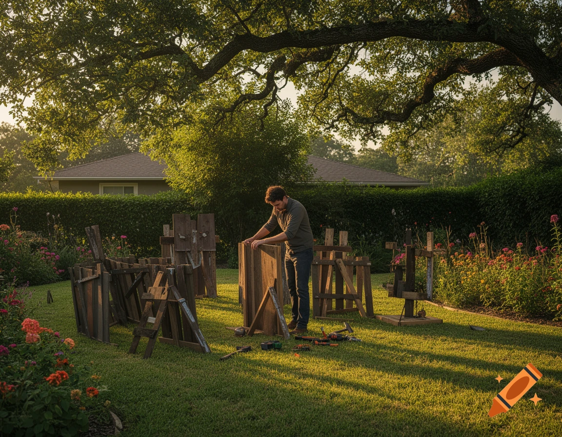 A man builds wooden structures in a sunlit garden, with trees, flowers, and a house in the background.