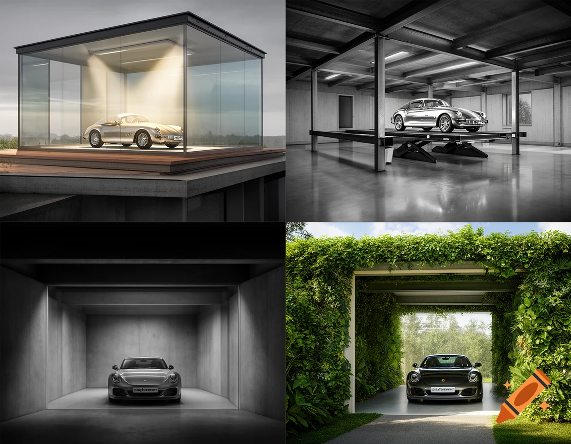Four panels showing different modern garage designs for Porsche cars. Top left: a silver classic car in a glass box. Top right: a silver classic car on a lift in a minimalist garage. Bottom left: a grey sports car in a concrete garage. Bottom right: a grey sports car emerging from an ivy-covered entrance.