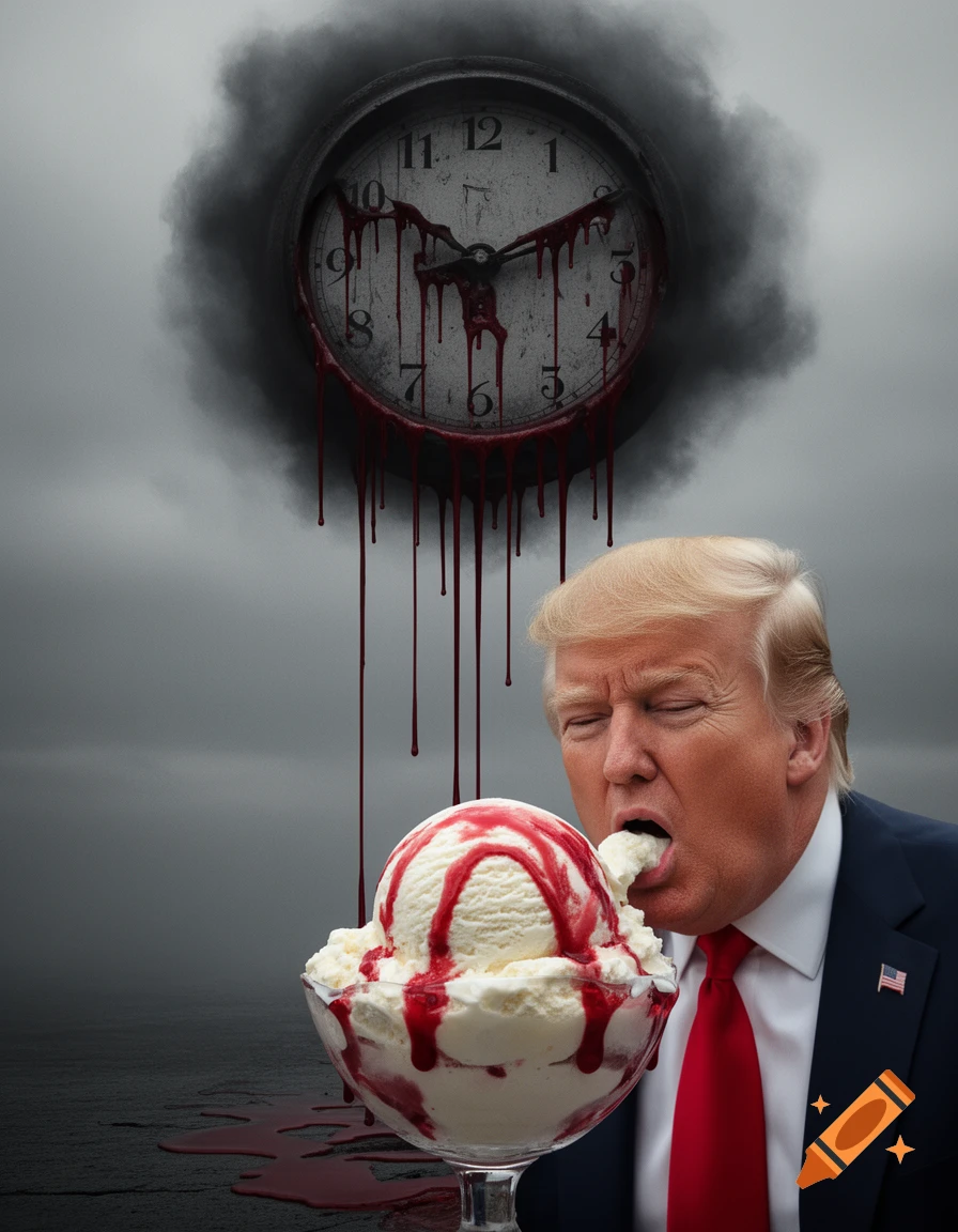 Donald Trump eats a large ice cream sundae with red syrup, resembling blood, dripping from a clock face above him against a stormy sky.