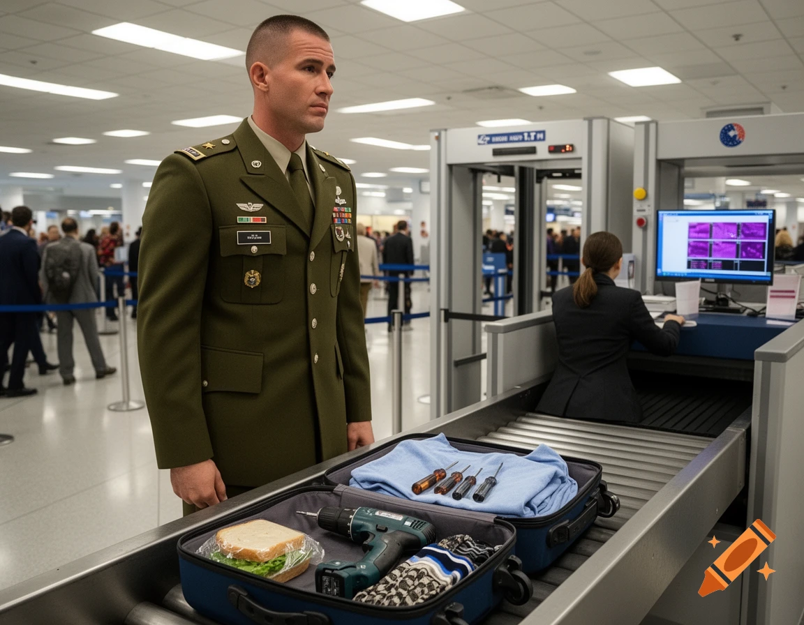 A man in a military uniform stands at an airport security checkpoint with an open suitcase on the conveyor belt containing a sandwich, a drill, screwdrivers, and clothes.