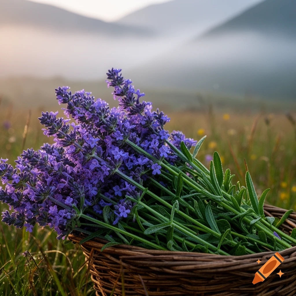 Close-up of a bouquet of purple lavender flowers in a wicker basket in a dewy grassy field with misty mountains.
