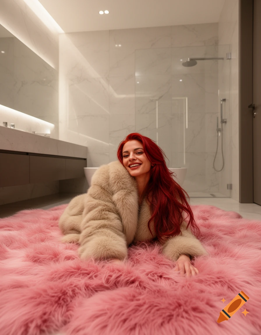 Smiling woman with long red hair in a beige fur jacket lies on a pink fur rug in a modern bathroom.