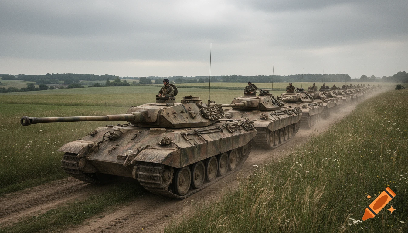 A long line of military tanks with soldiers on top drives on a dirt road through a green field under a cloudy sky.