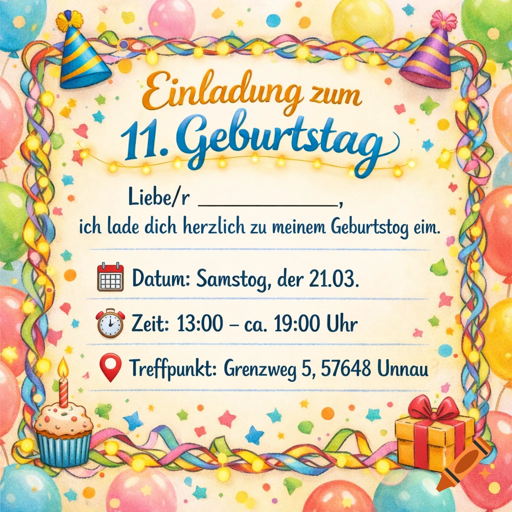 Colorful birthday invitation with balloons, streamers, a cupcake, and a gift, featuring German text for an 11th birthday party.