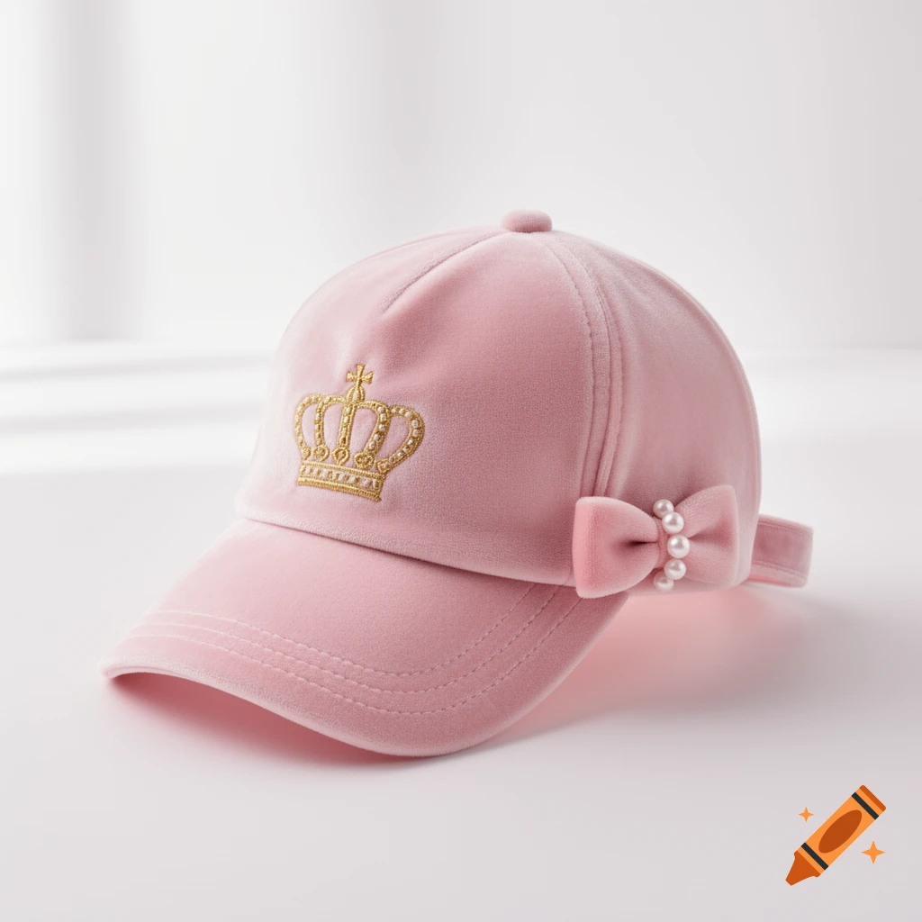Photorealistic pink velvet baseball cap with a gold embroidered crown and a pink bow adorned with pearls.