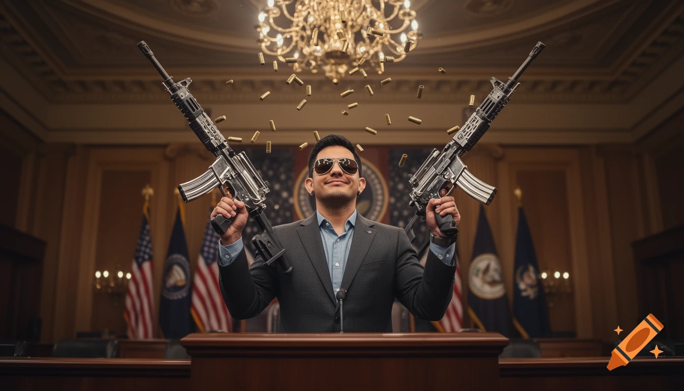A man in a suit and sunglasses stands at a podium in a legislative chamber, holding two assault rifles upwards as bullet casings fly around him.