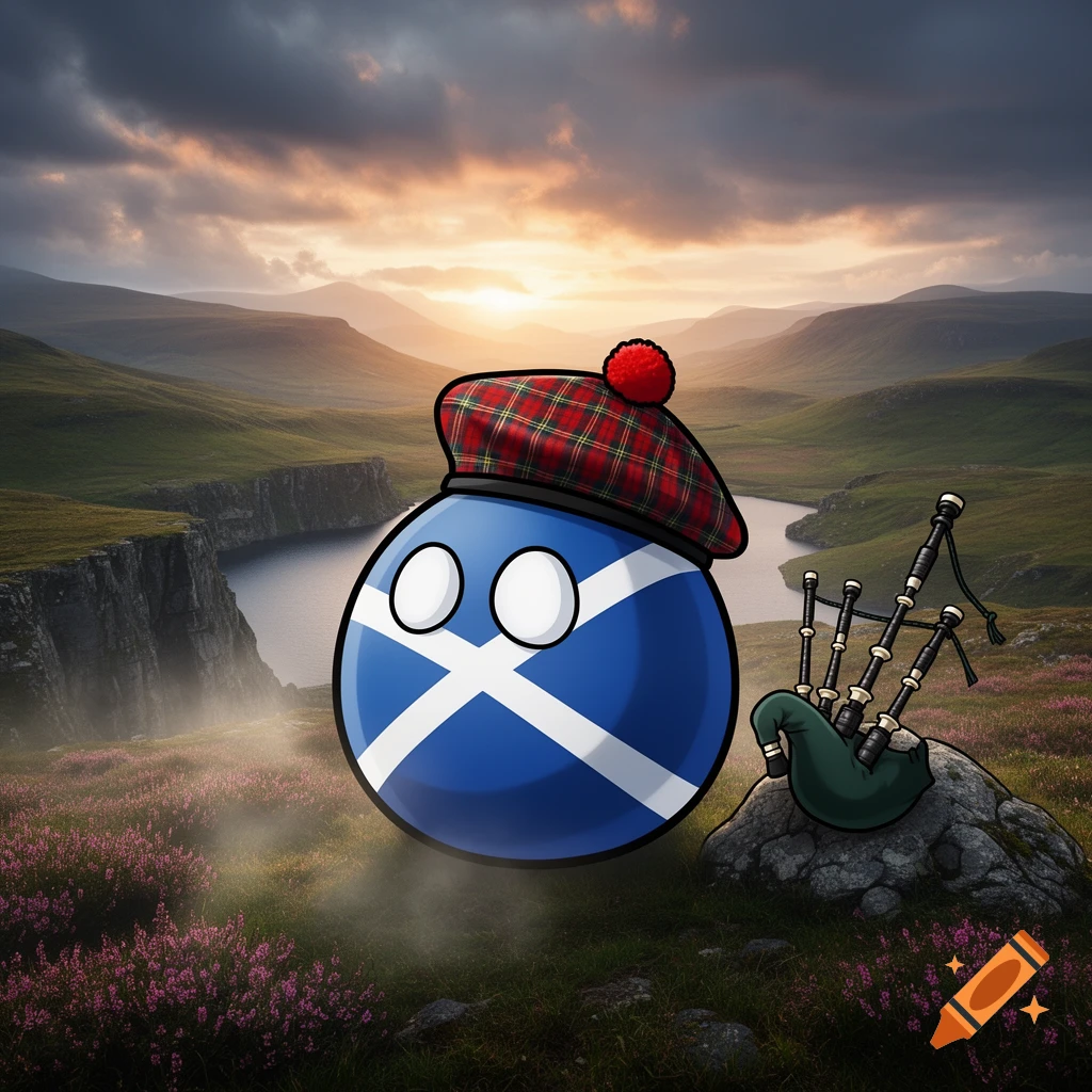 A cartoon Scotland Countryball with a tartan hat and bagpipes overlooks a misty, heather-covered Scottish landscape at sunset.