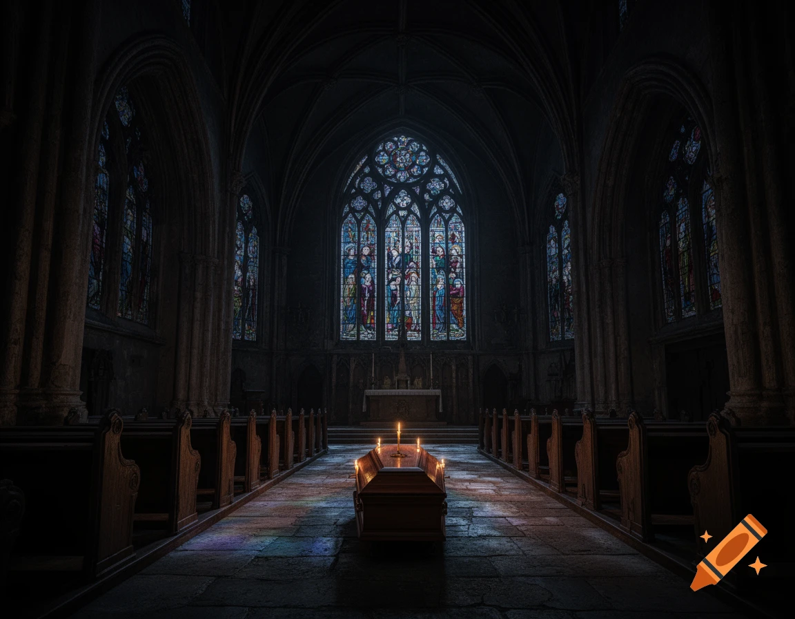 A dimly lit gothic church interior with stained glass windows, pews, and a coffin with lit candles at the front.