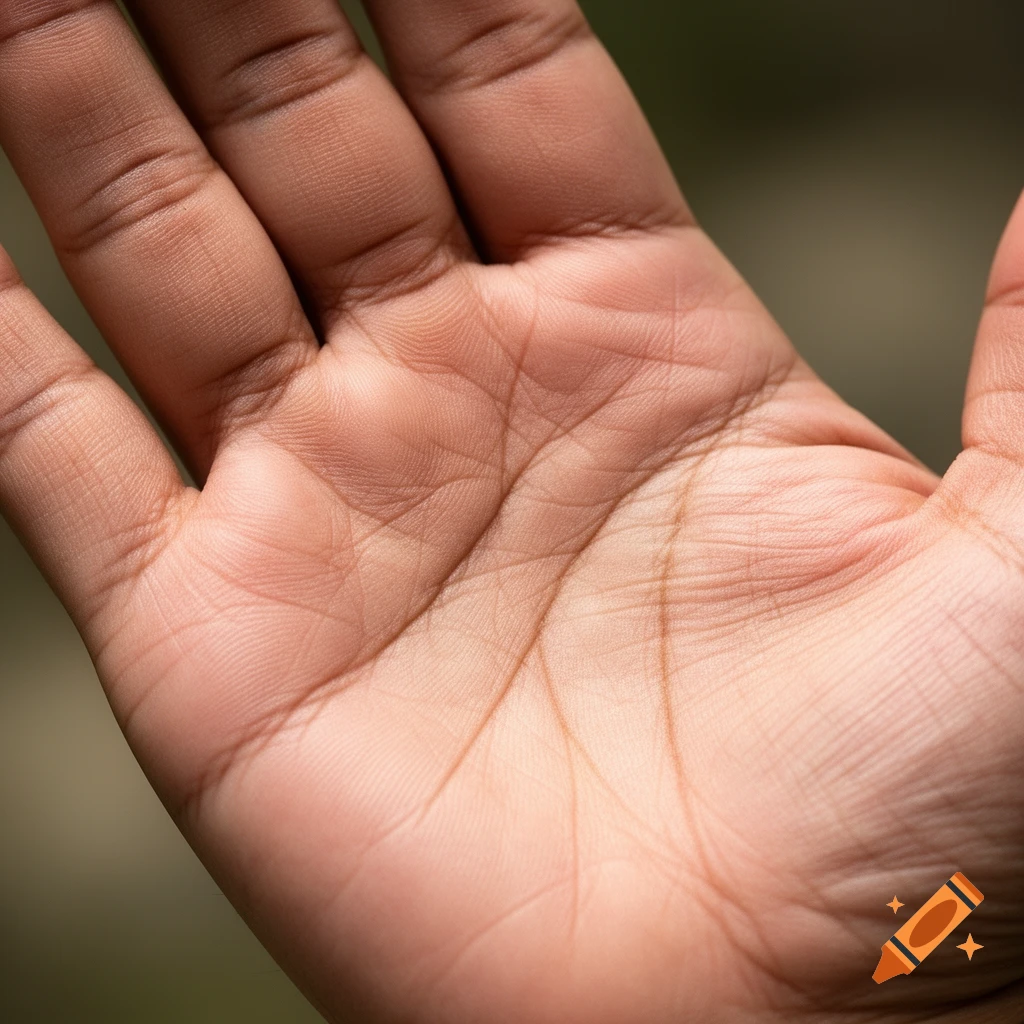 Close-up photorealistic shot of a person's right palm, showing detailed skin texture and lines.