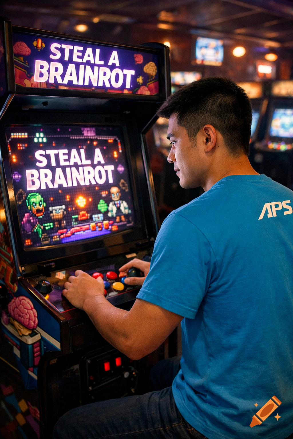 A man in a blue APS t-shirt plays an arcade game titled "STEAL A BRAINROT" in a dimly lit arcade.