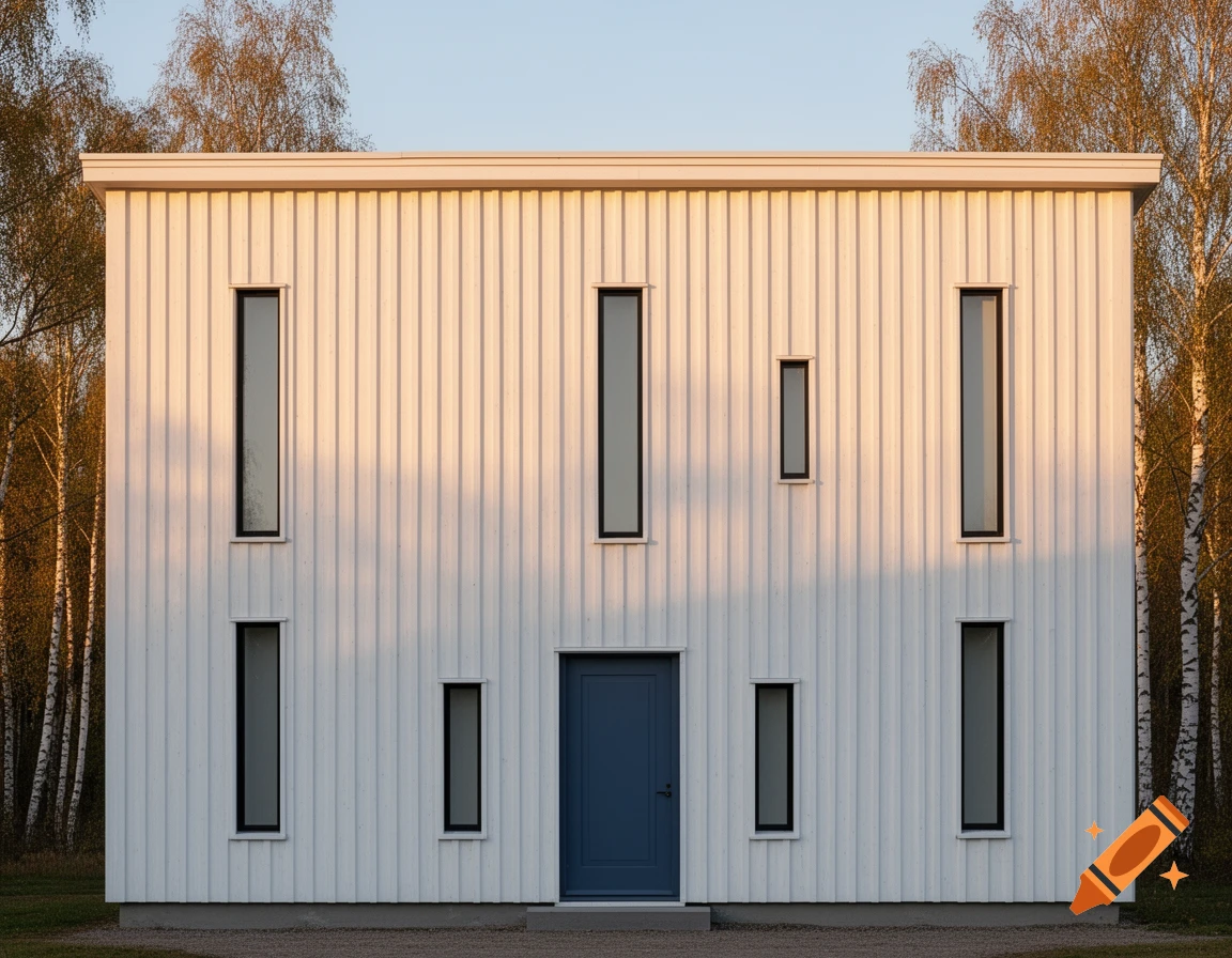 Modern white building facade with vertical siding, a blue door, and tall narrow windows, flanked by bare trees under a clear sky.