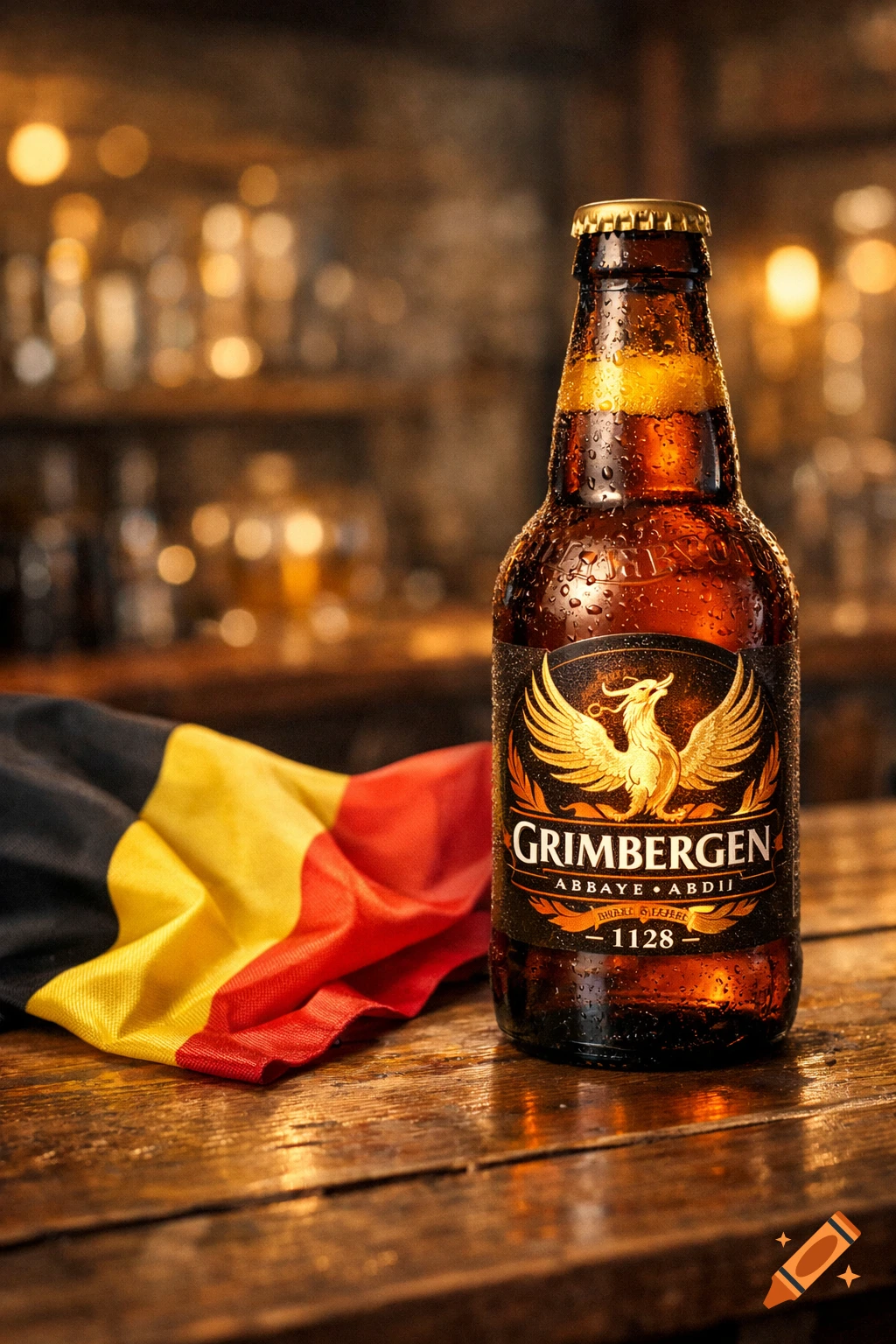 A condensation-covered Grimbergen beer bottle stands next to a folded Belgian flag on a rustic wooden bar counter.