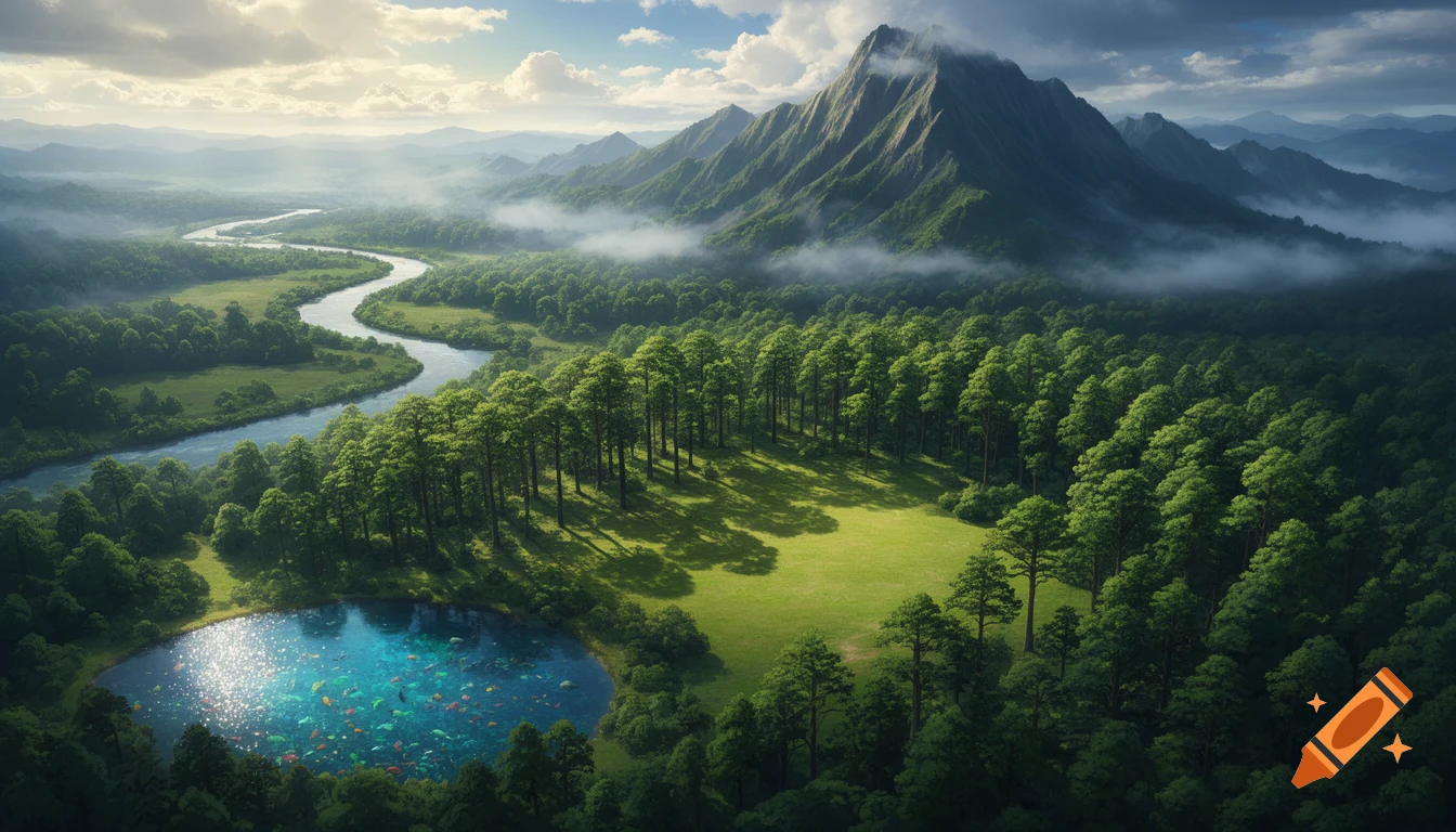 Aerial view of a vibrant natural landscape with a winding river, dense ...