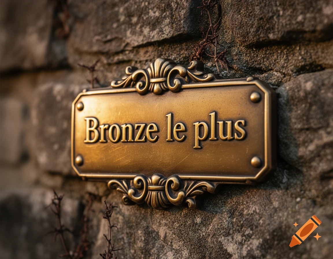 A detailed bronze plaque with the text 'Bronze le plus' mounted on a textured stone wall.