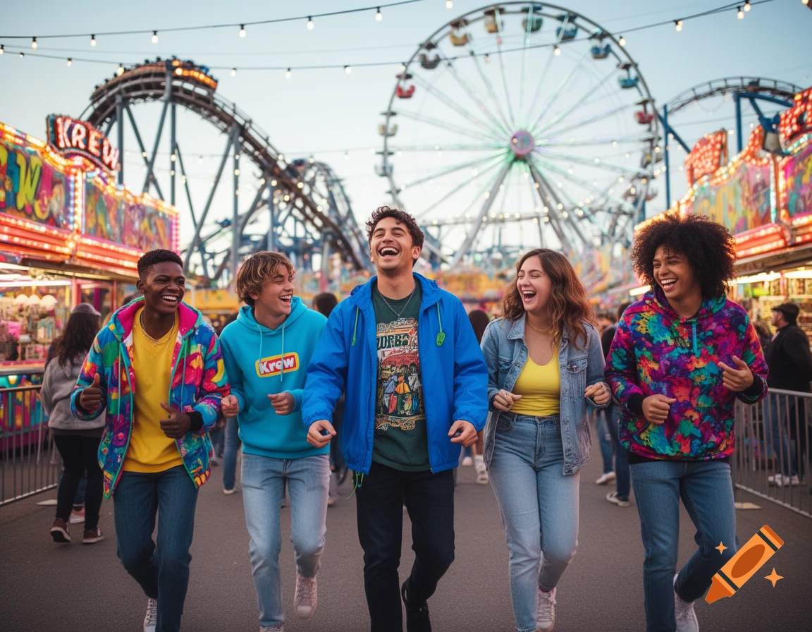 A group of diverse young friends laughing and walking through a vibrant amusement park with a Ferris wheel and roller coaster.