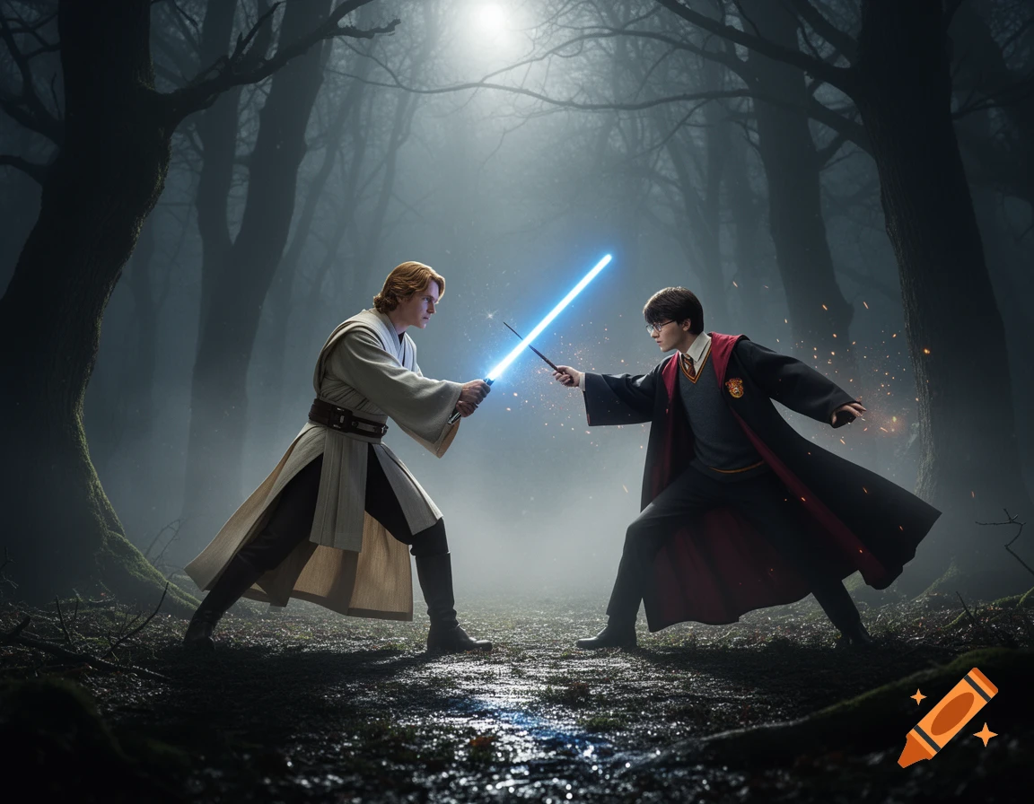 Obi-Wan Kenobi and Harry Potter duel with a blue lightsaber and a wand in a dark, misty forest. Photorealistic style.